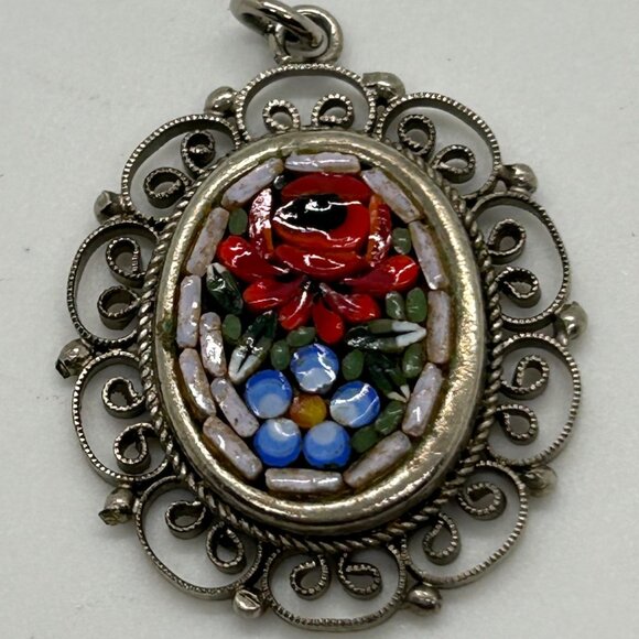 Vintage Italian Micro Mosaic Oval Pendant With Filigree Detailing Floral Design - Picture 4 of 14